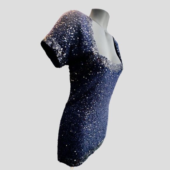 Donna Karen New York Sweater Dress Navy Sequins Square Neck Short Sleeve Small - Picture 3 of 10